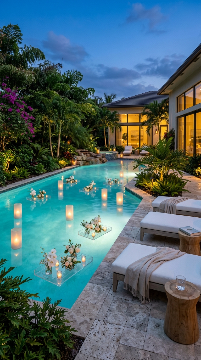 Luxury backyard pool with elegant floating lanterns, waterproof LED candles, and decorative floating display pieces.