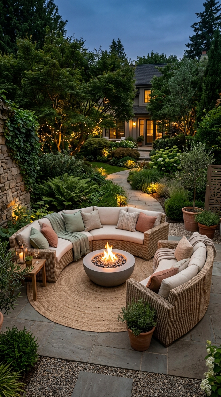 Luxury curved outdoor sectional surrounding a modern round fire bowl