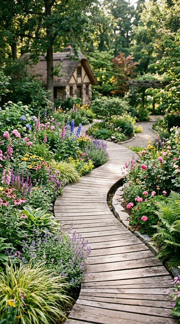 Curved wooden garden boardwalk winding through flower beds