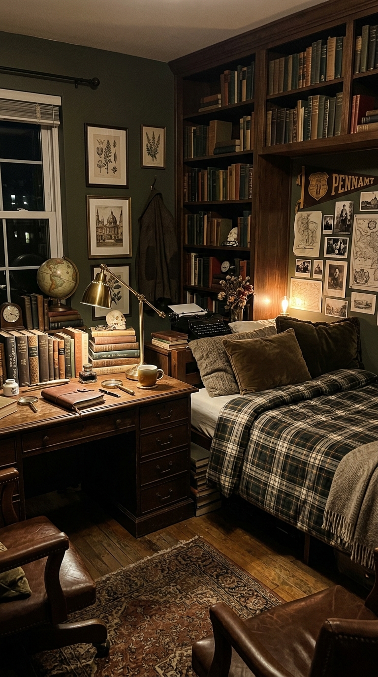 Dark academia dorm room with vintage books, brass lamp, plaid bedding, and moody warm tones for college