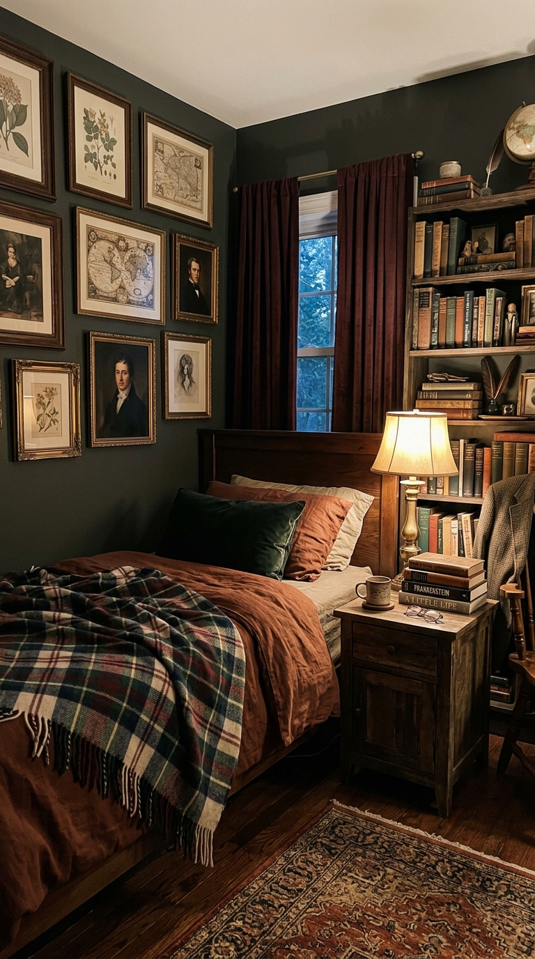 Dark academia small bedroom with brass lamp, plaid throw, stacked books, and warm intellectual cozy aesthetic