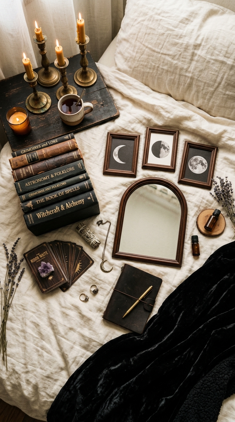Dark academia witchy bedroom with moon phase gallery wall, cream linen bedding, black velvet throw, and antique brass candle holders
