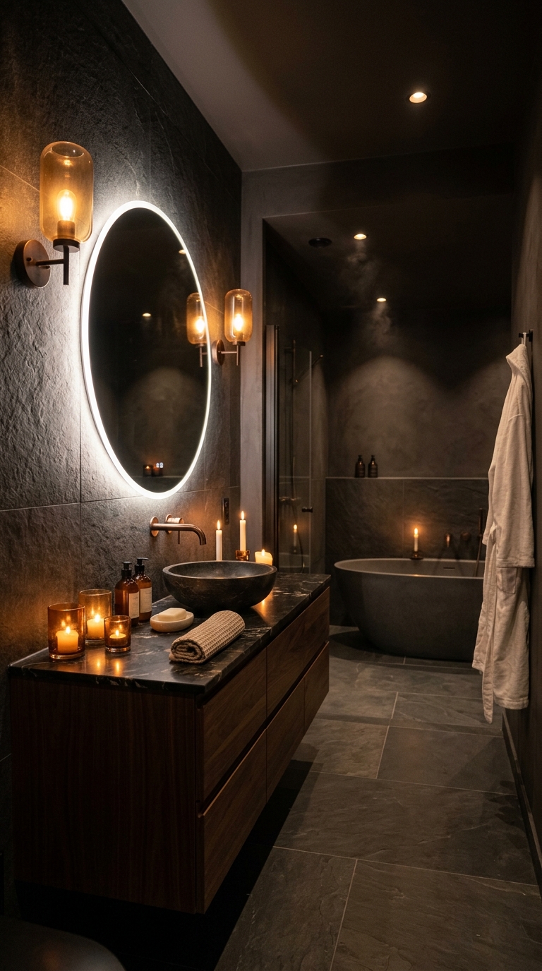Moody dark bathroom with warm amber lighting and backlit LED mirror