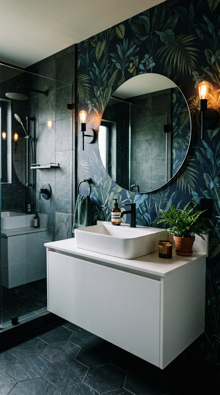 Moody bathroom with dark botanical wallpaper and simple white vanity