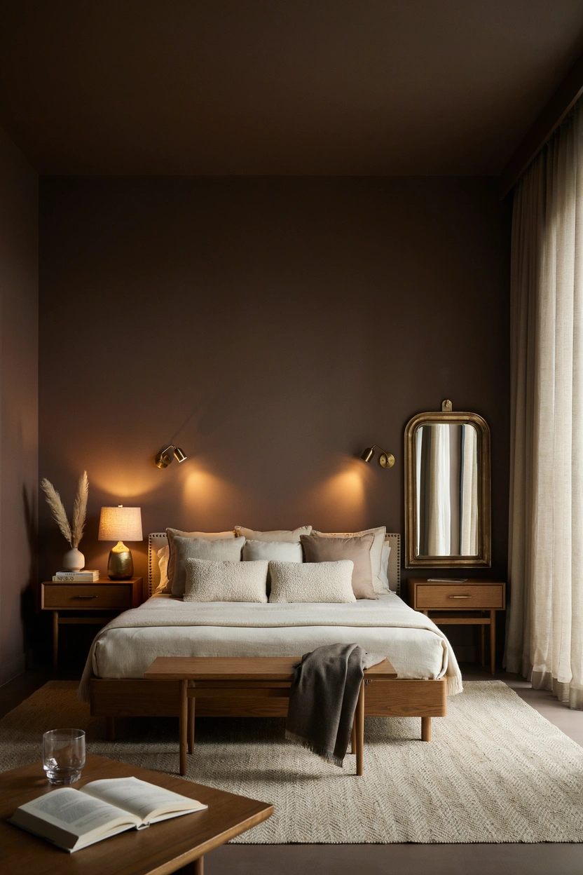 Dark brown bedroom with warm brass hardware accents and modern luxury decor