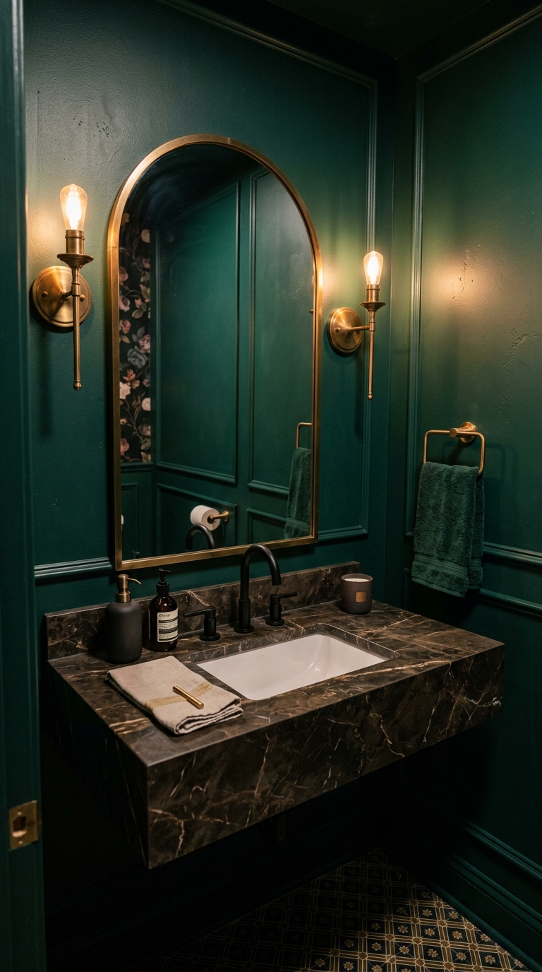 Dark emerald powder room with arched mirror and brass fixtures