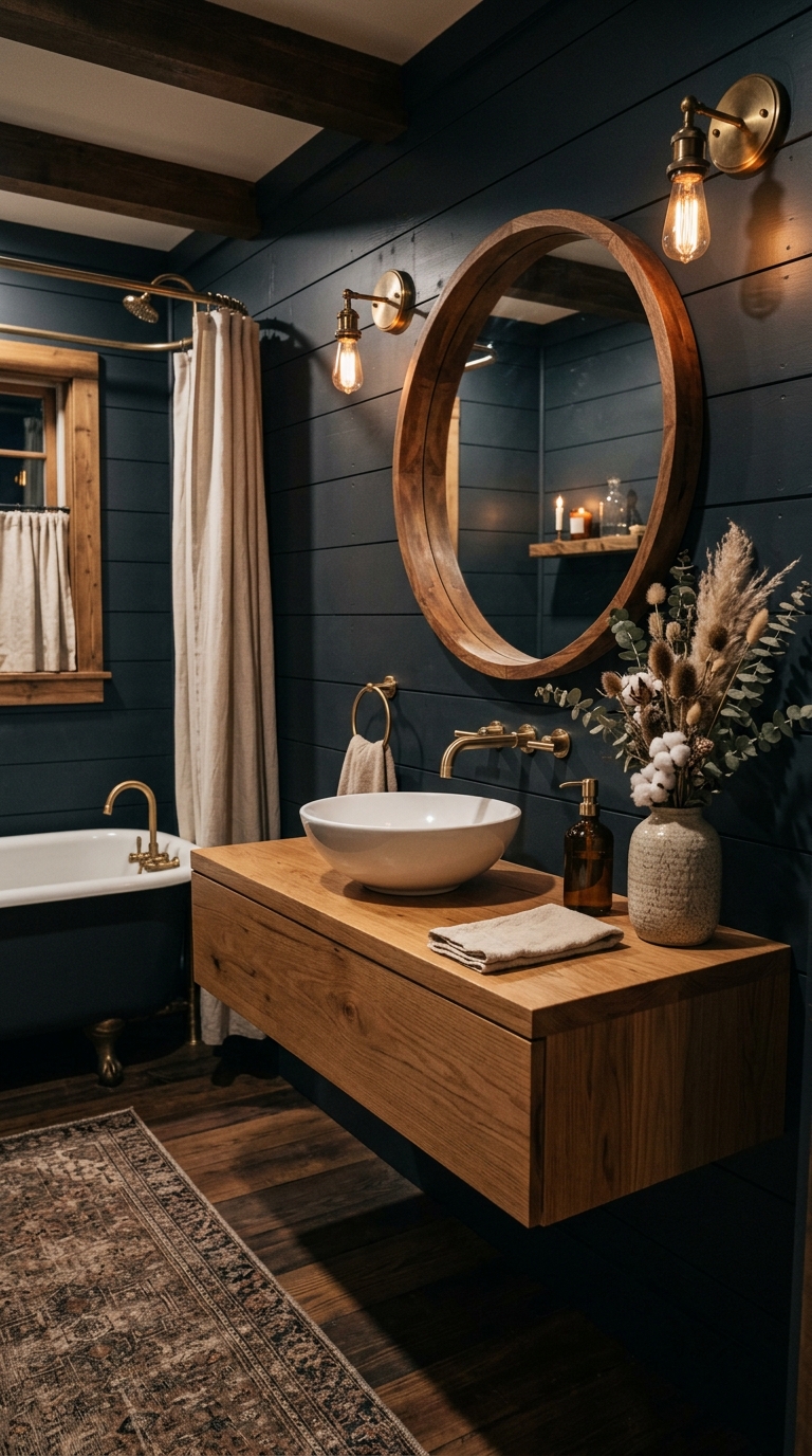 Dark moody farmhouse bathroom with shiplap walls and warm wood vanity