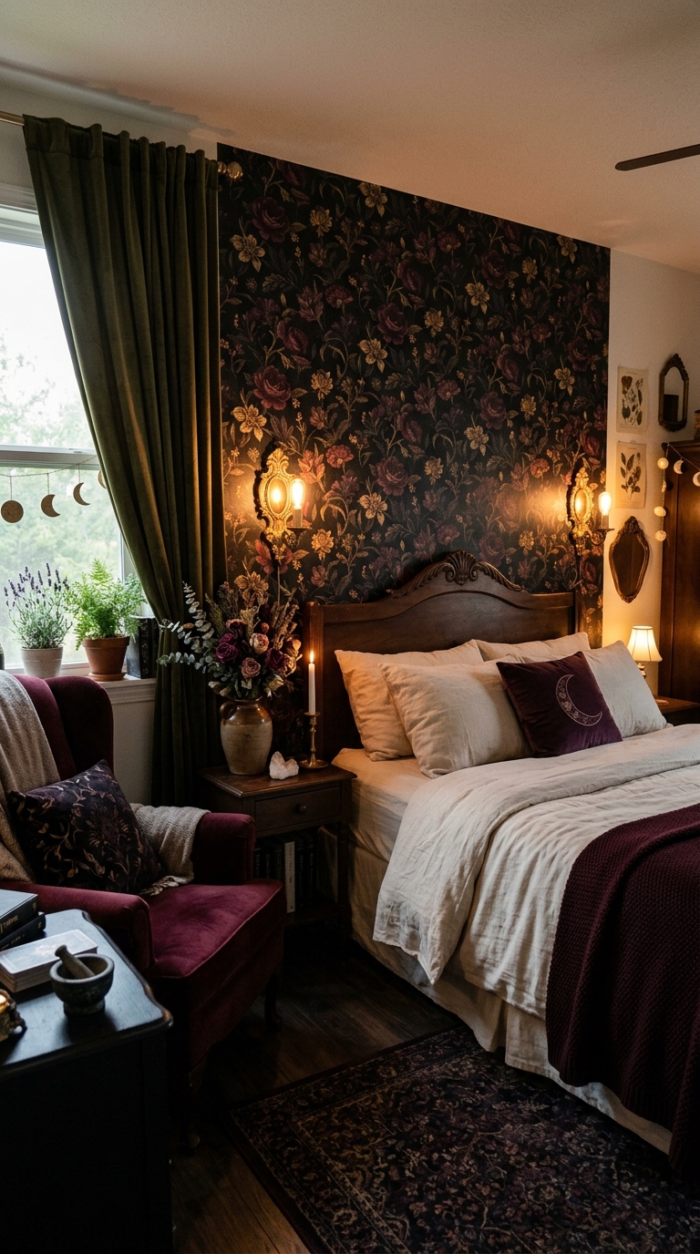 Dark floral botanical wallpaper accent wall in witchy bedroom with cream bedding, antique gold sconces, and dried rose nightstand decor