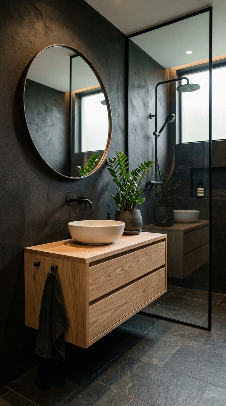Dark Japandi minimalist bathroom with ash vanity and warm black walls