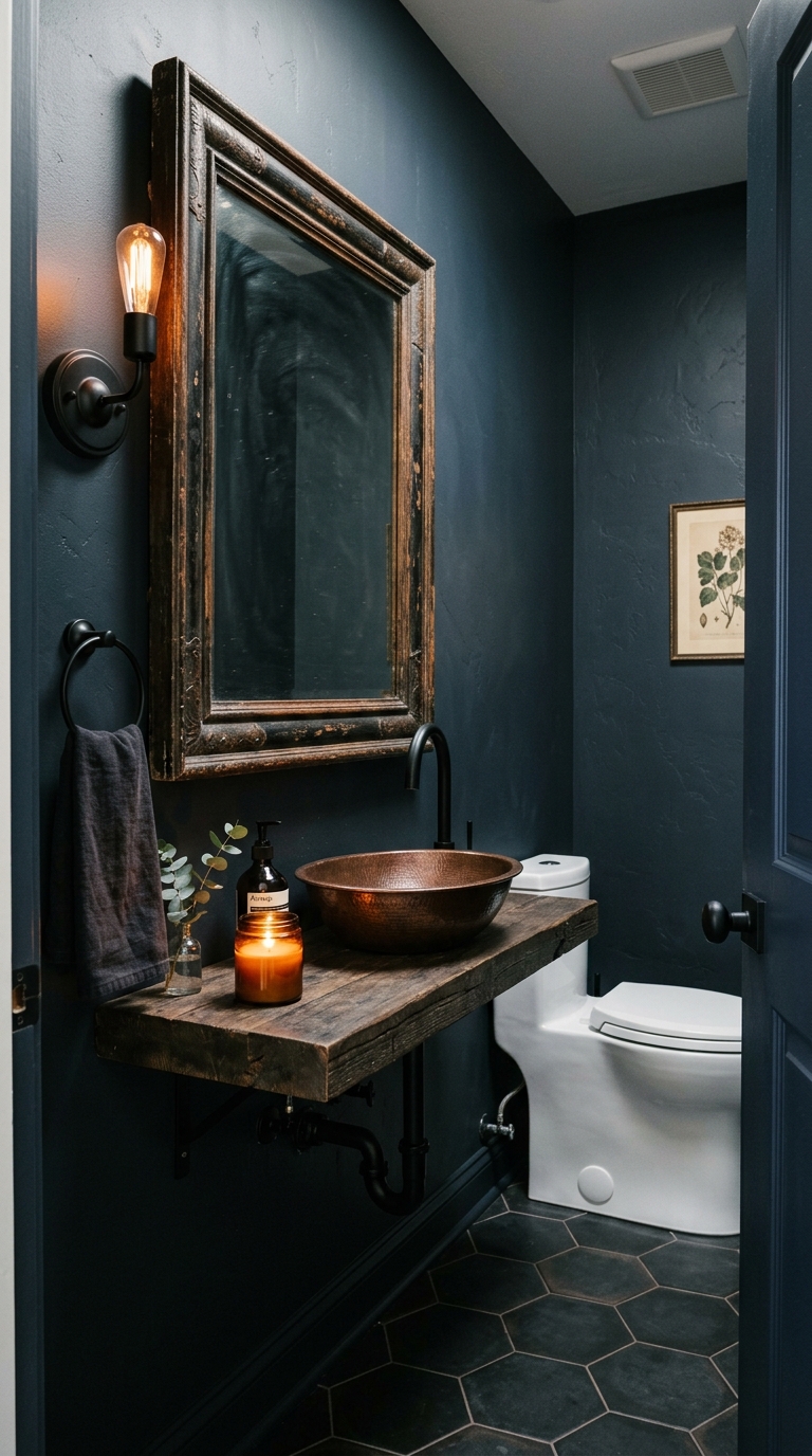 Dark, moody half bathroom with deep painted walls and a statement mirror