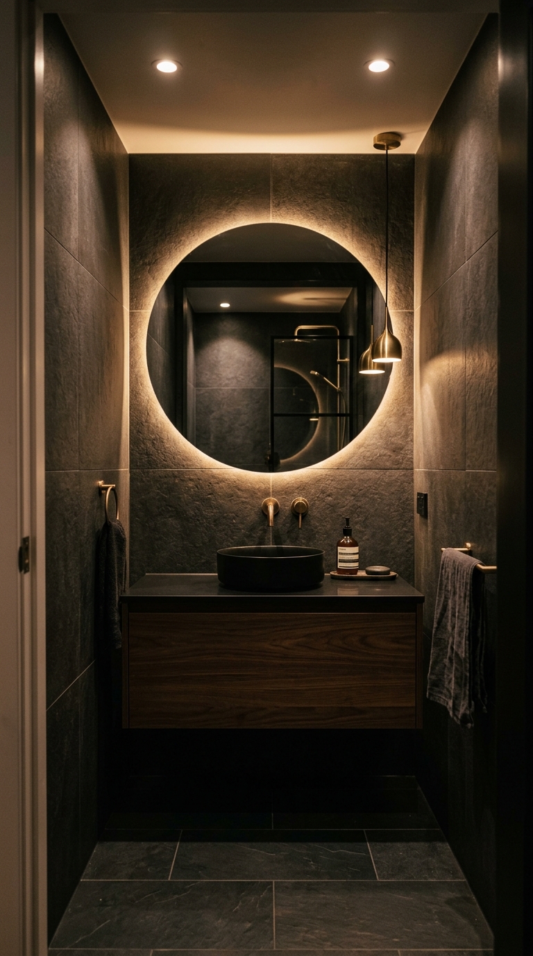 Small dark moody bathroom with large mirror and warm lighting feeling spacious