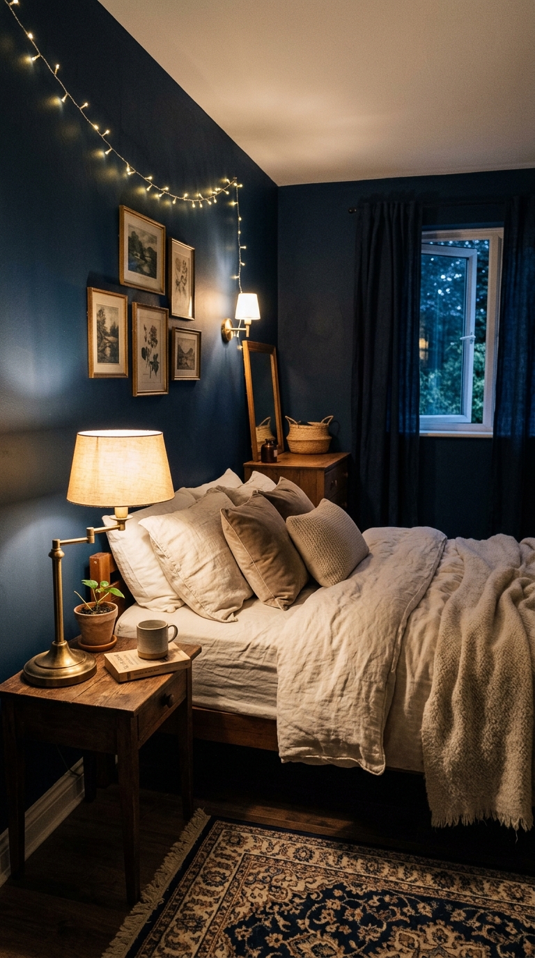 Dark moody small bedroom with navy walls, brass lamp, cream bedding, and cozy intimate atmosphere