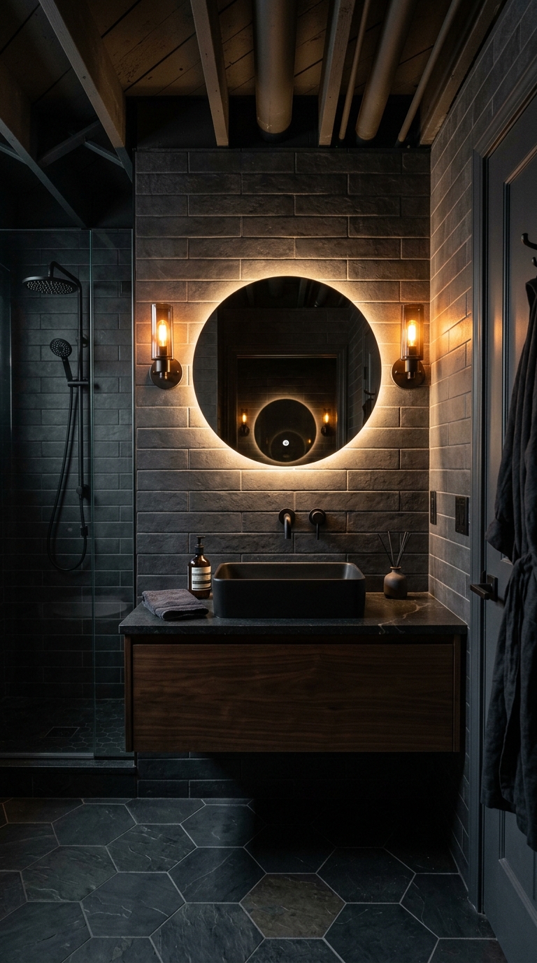 Dark moody basement bathroom with charcoal tile walls, warm sconce lighting, and matte black fixtures