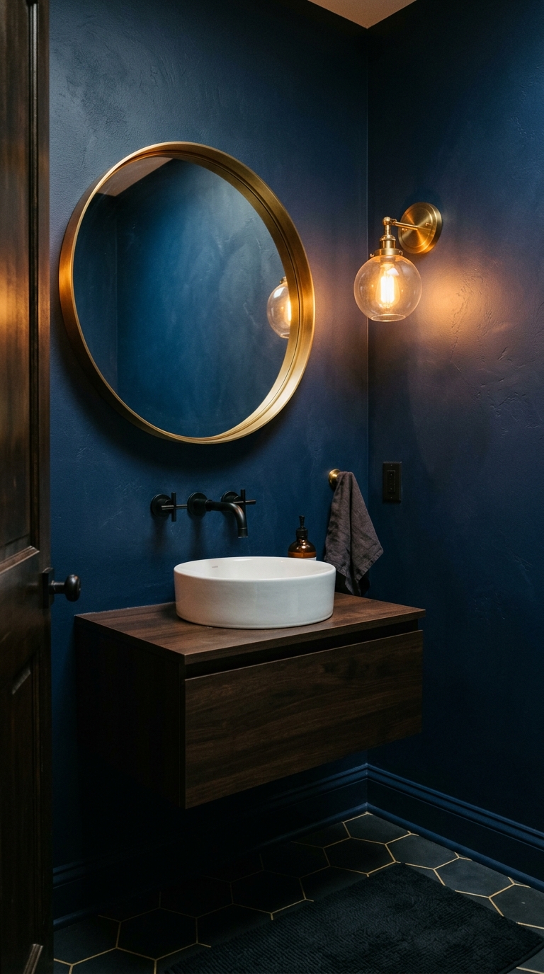 Dark navy half bathroom with brass mirror and matte black fixtures