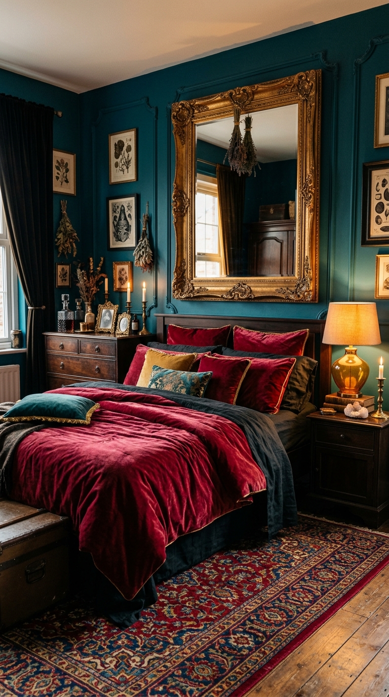 Dark teal witchy bedroom with crimson velvet bedding, gold ornate mirror, Persian rug, antique brass accents, and a crystal decanter for a Victorian apothecary atmosphere