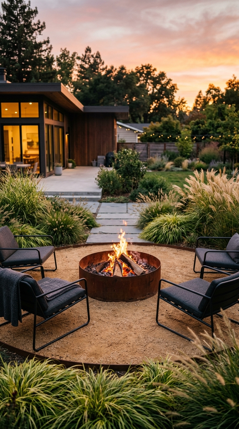 Decomposed granite pathway leading to a circular fire pit zone in a beautifully designed backyard