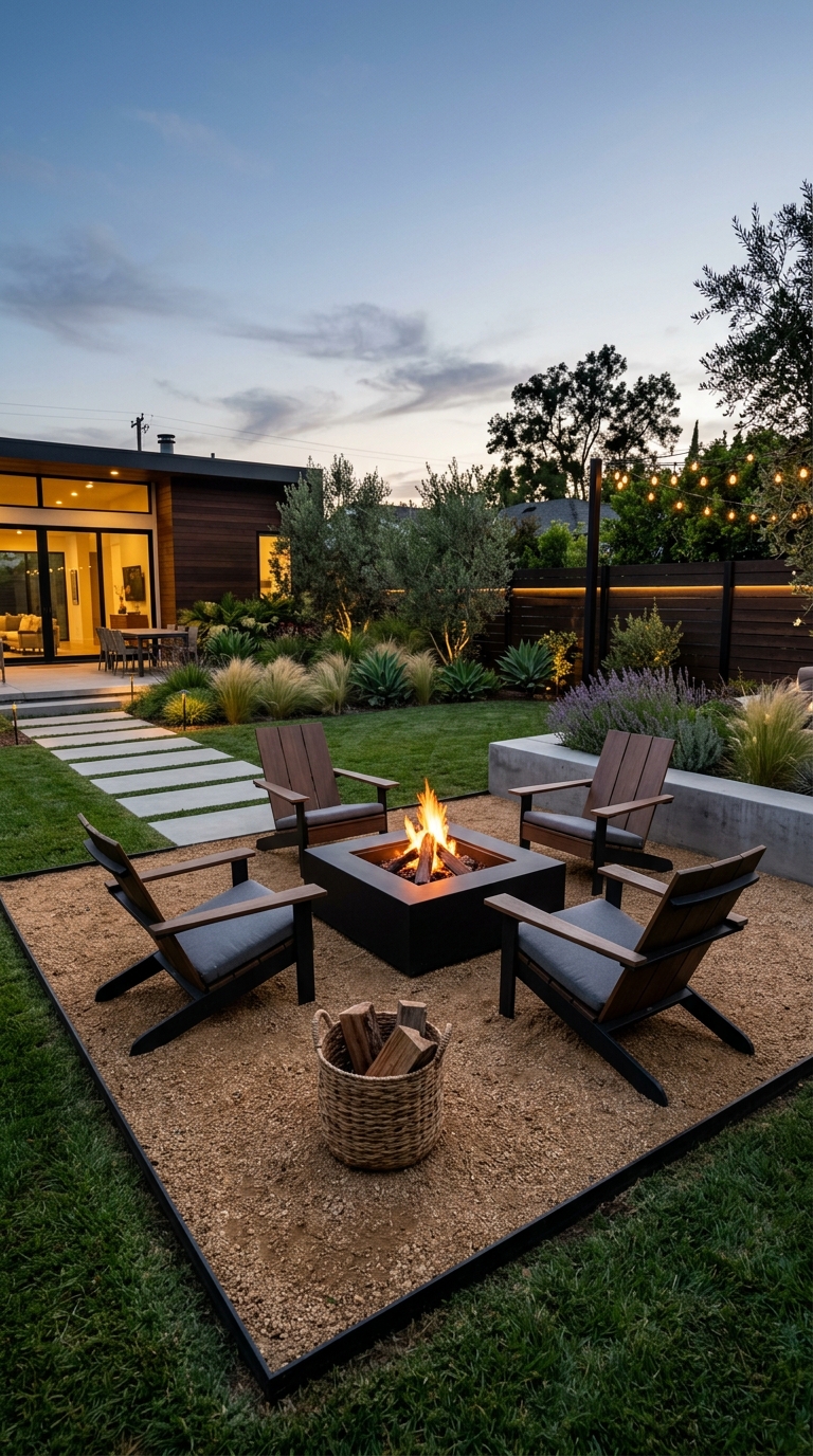 Decomposed granite fire pit zone with black steel edging and square fire pit in a modern minimalist backyard