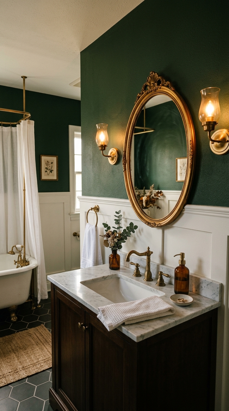 Dark forest green moody bathroom with brass fixtures and white wainscoting