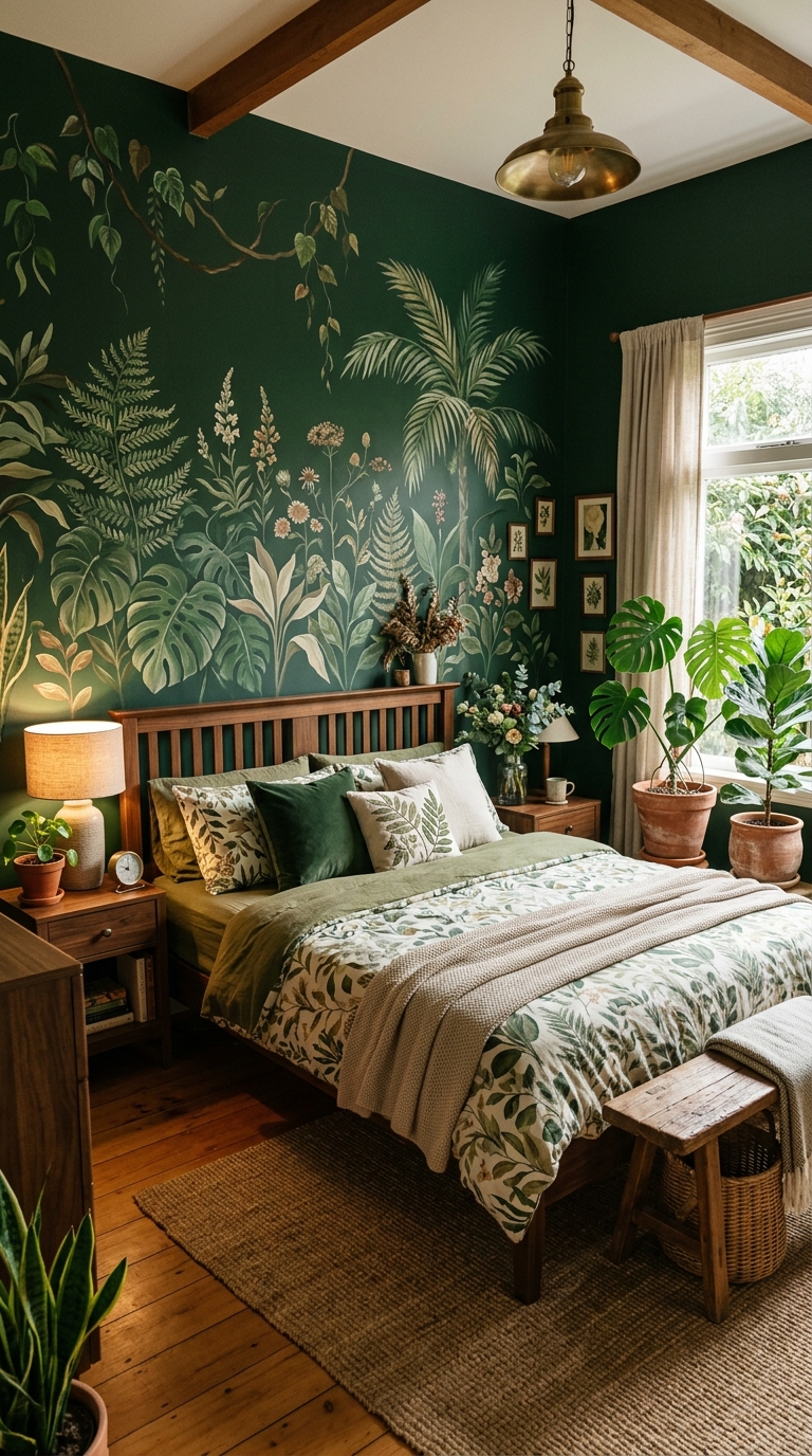 Deep green botanical-themed master bedroom with mural