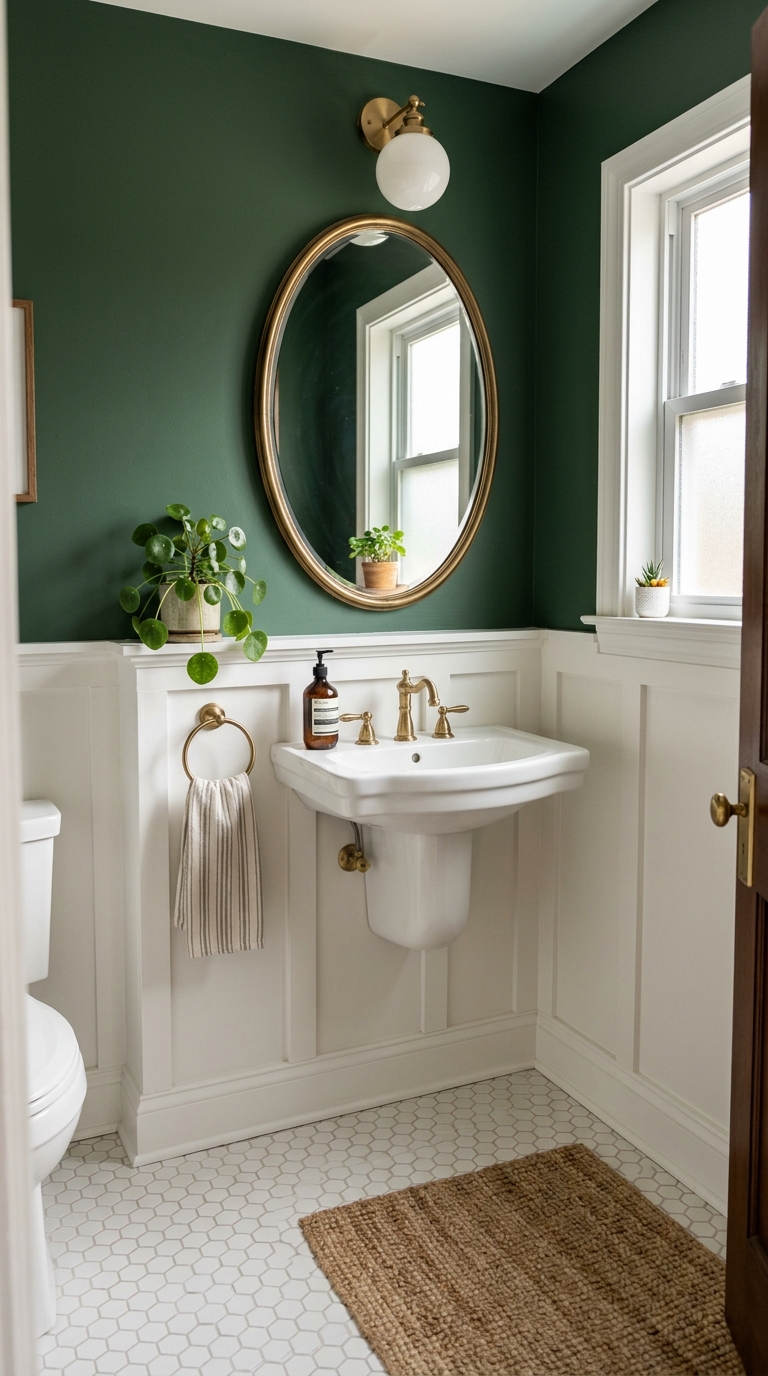 Deep forest green half bathroom with white wainscoting and hex tile floor