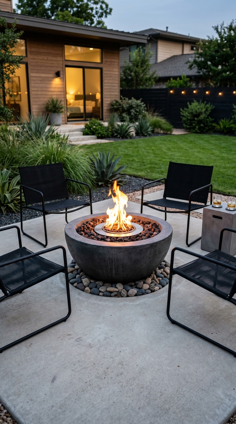 DIY concrete fire bowl with propane flames in a modern minimalist backyard