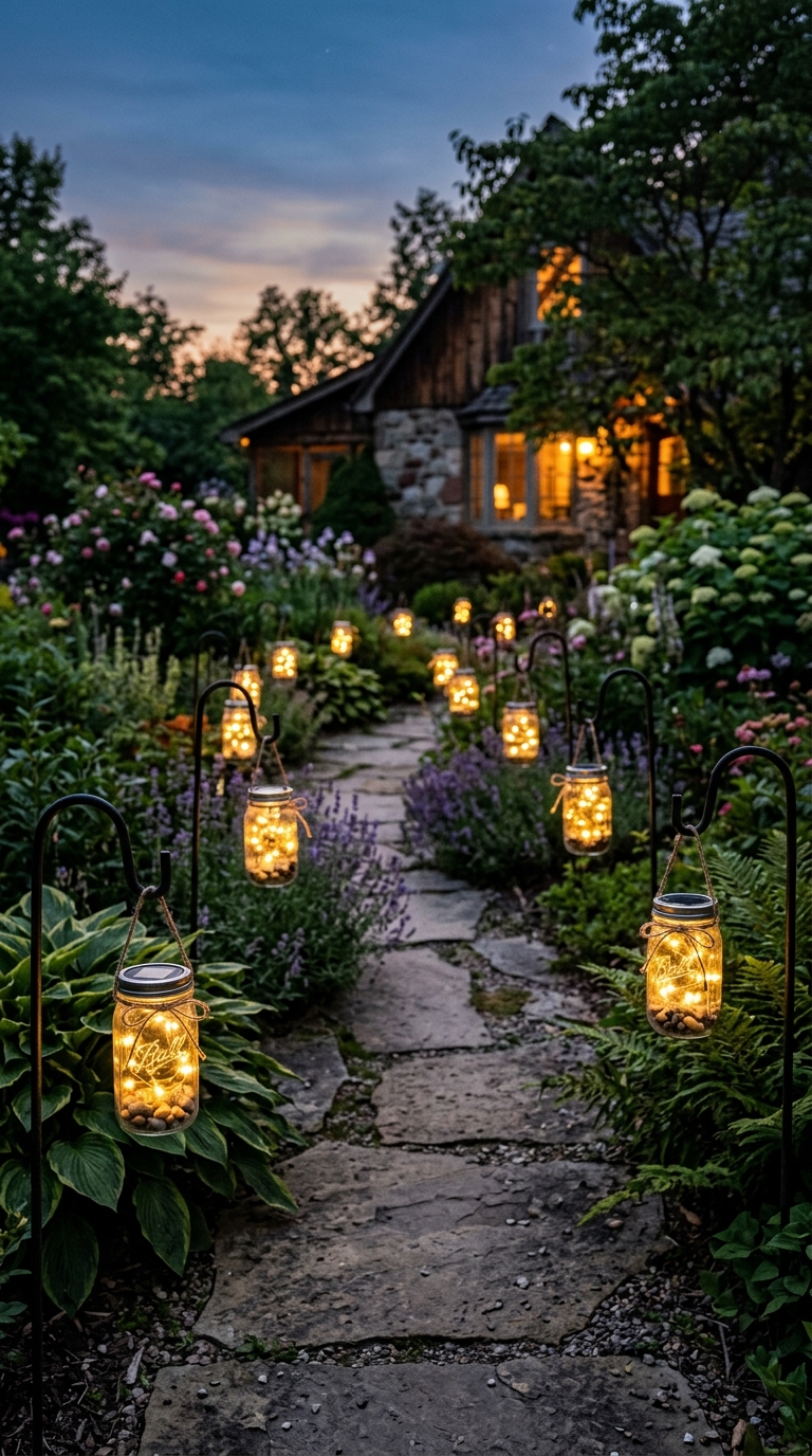 DIY mason jar solar lights along a garden walkway