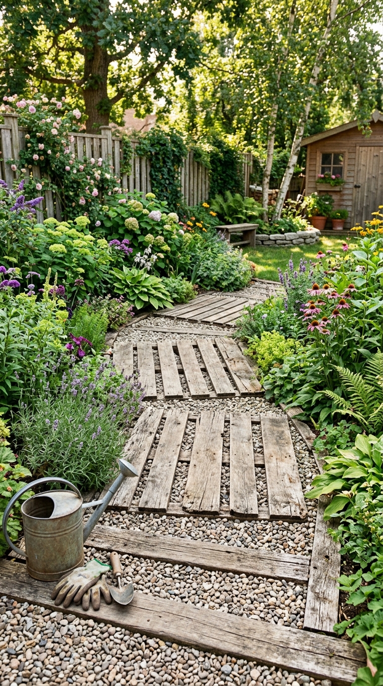 DIY budget wooden pallet path in a backyard garden