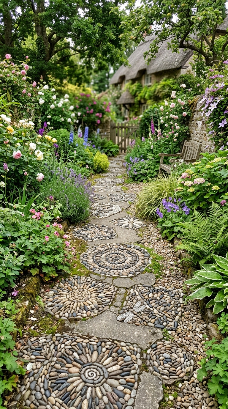 DIY pebble mosaic stepping stones with intricate patterns set in a cottage garden path