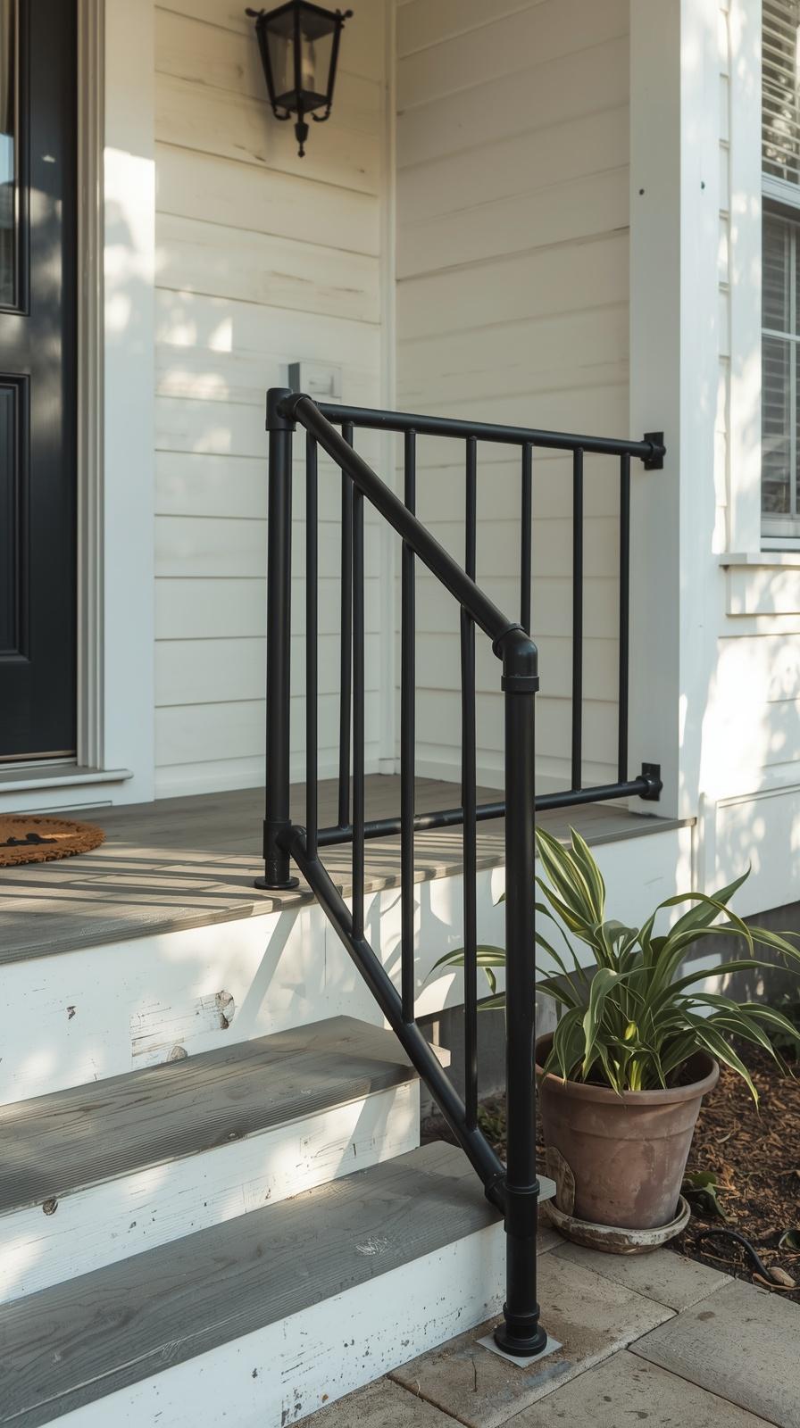 DIY matte black PVC pipe porch railing on a small cozy porch with potted plants