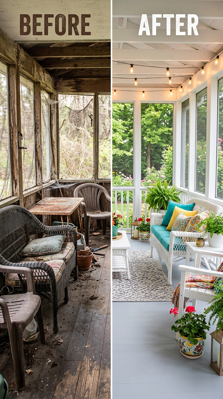 DIY screened porch makeover before and after with painted floor, new screens, repainted furniture, and string lights