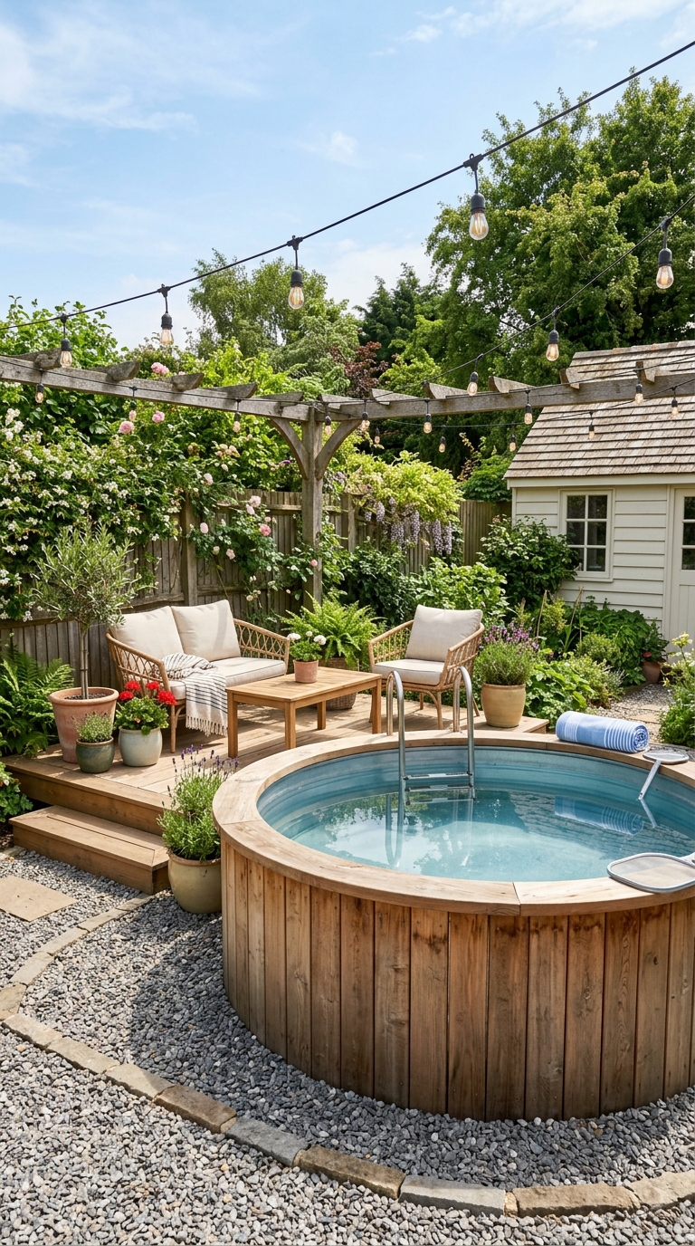 DIY galvanized stock tank pool with wood surround in a cozy backyard.