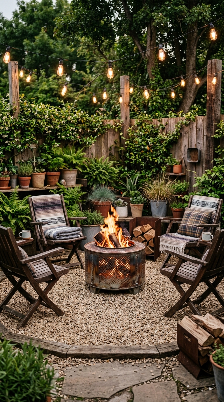 DIY washing machine drum fire pit with gravel and string lights