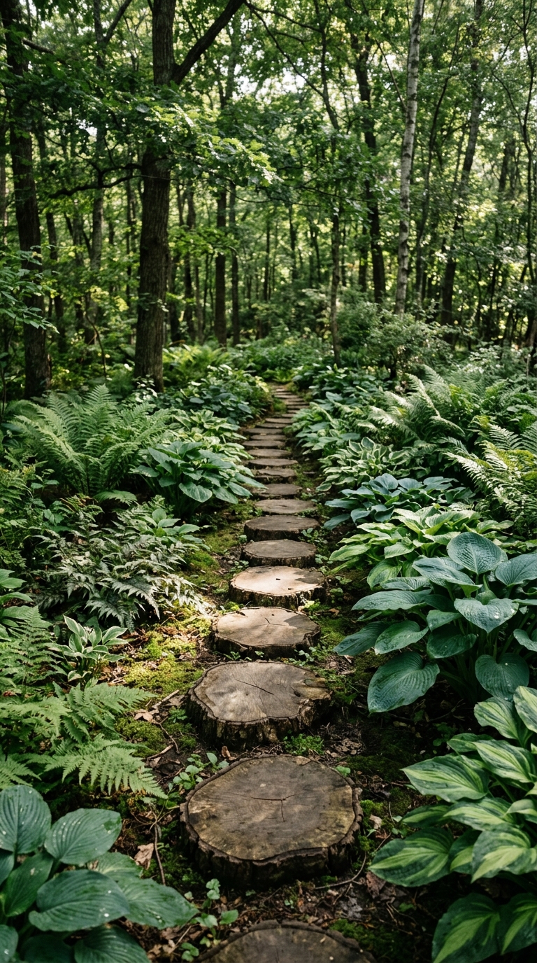 DIY wooden tree round stepping stones set through a shaded woodland garden with ferns