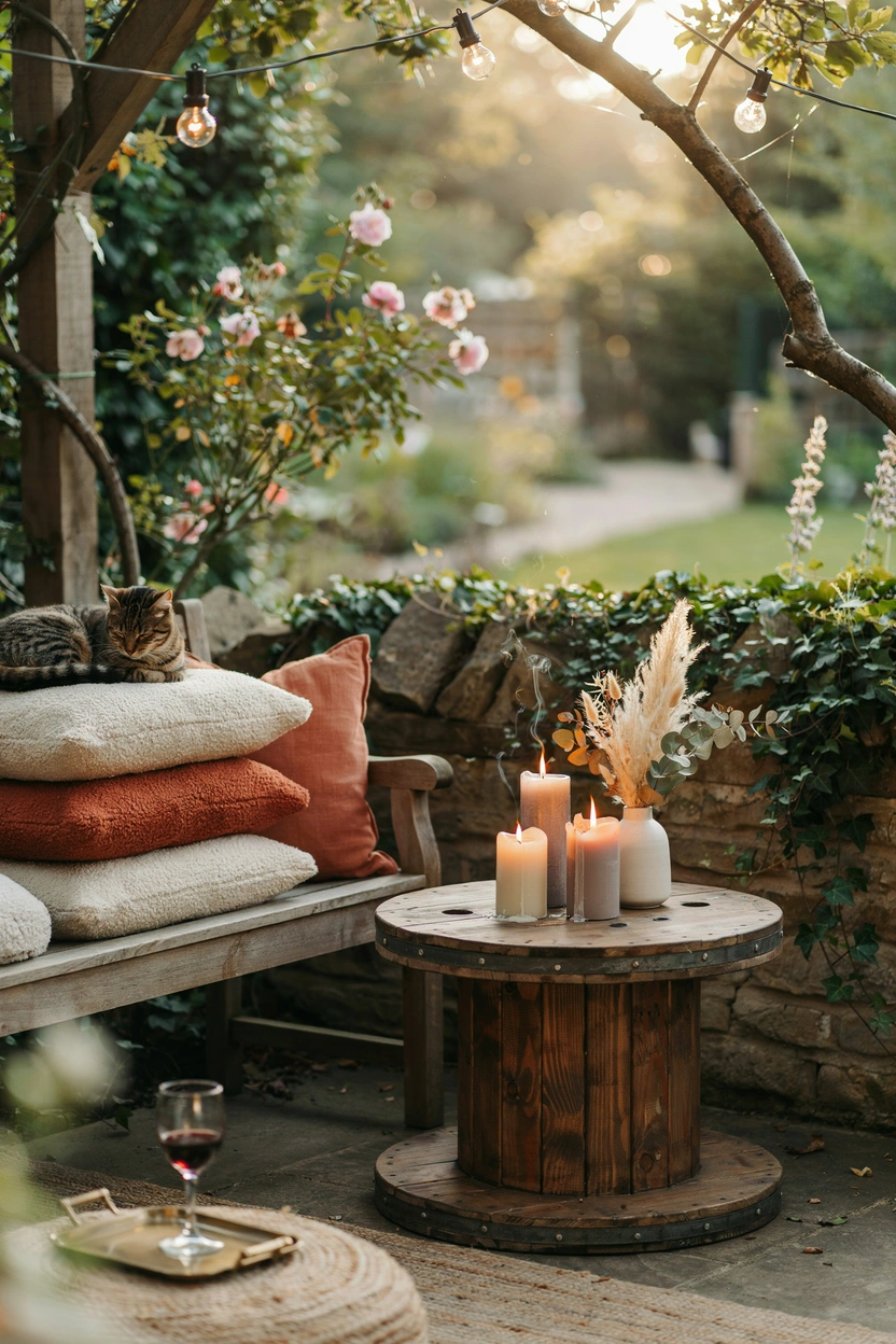 Rustic DIY wooden spool patio table with cozy outdoor seating setup