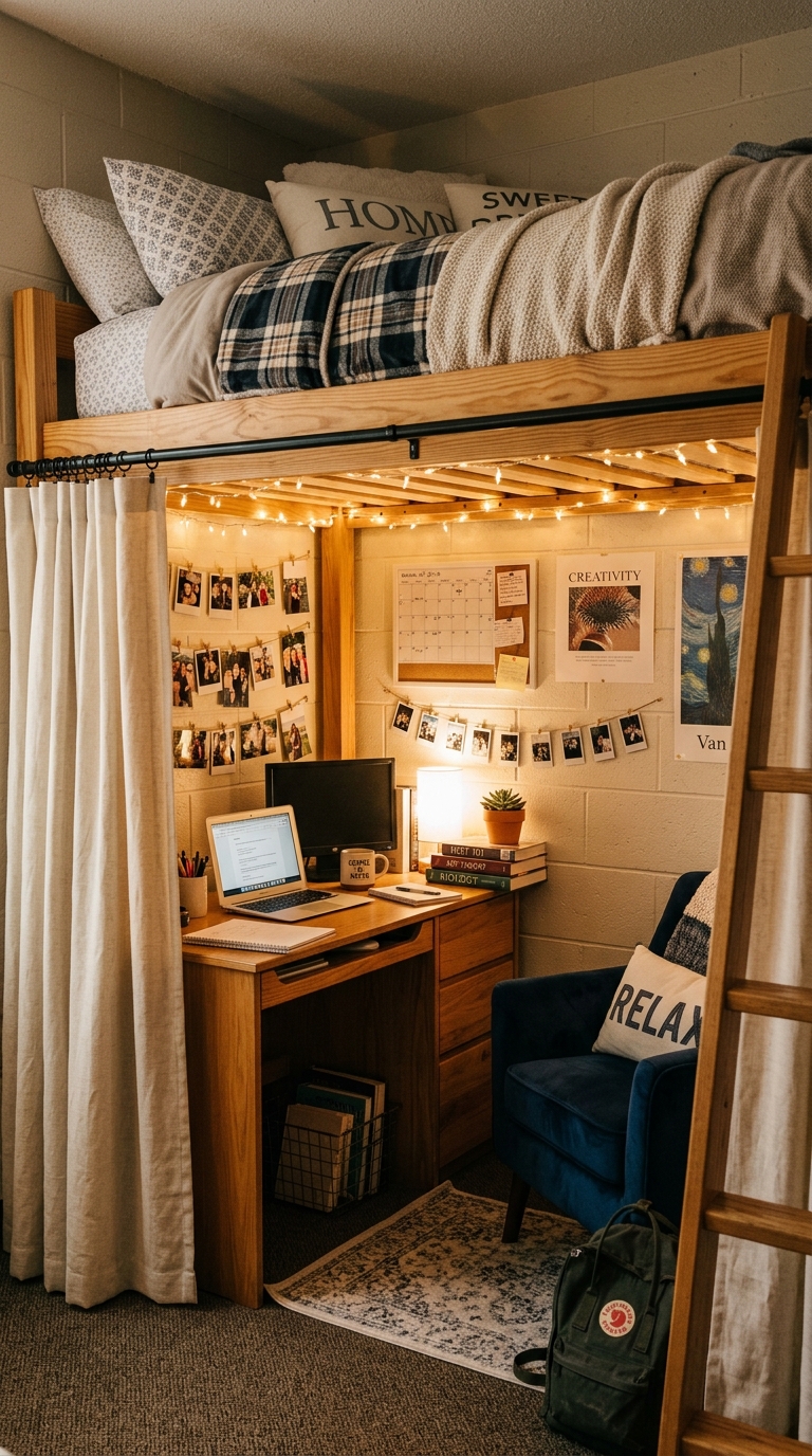 Lofted dorm bed with cozy under-bed nook, string lights, curtain panel, and space-saving college room setup
