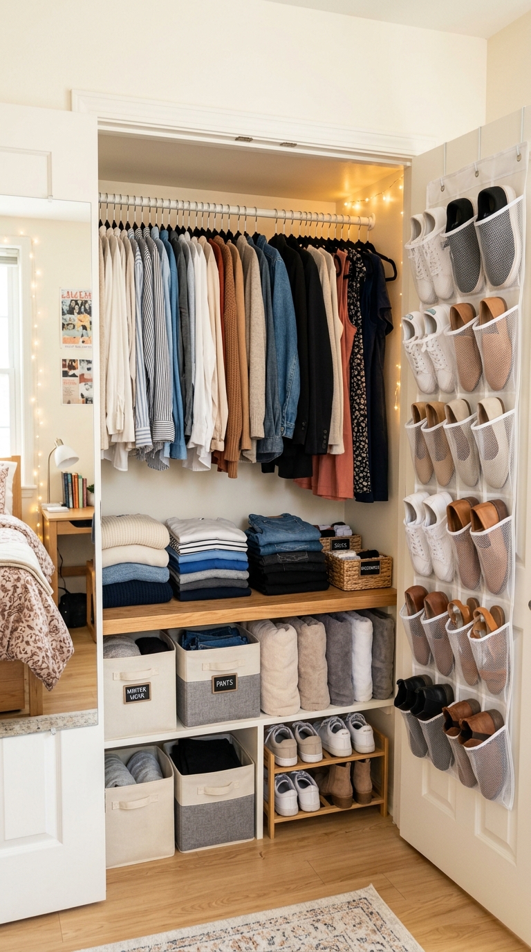 Neatly organized dorm room closet with velvet hangers and over-door organizer