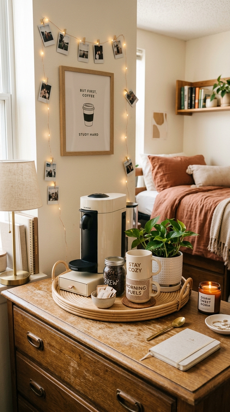 Aesthetic dorm room coffee station on dresser with decorative tray, mugs, and small plant for organized and styled college room