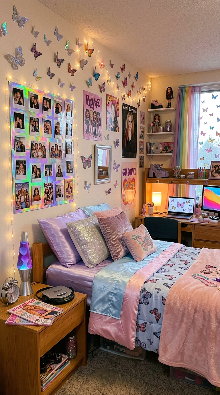 Dorm room gallery wall above bed with mixed frames, art prints, and personal photos for Pinterest-worthy college room decor