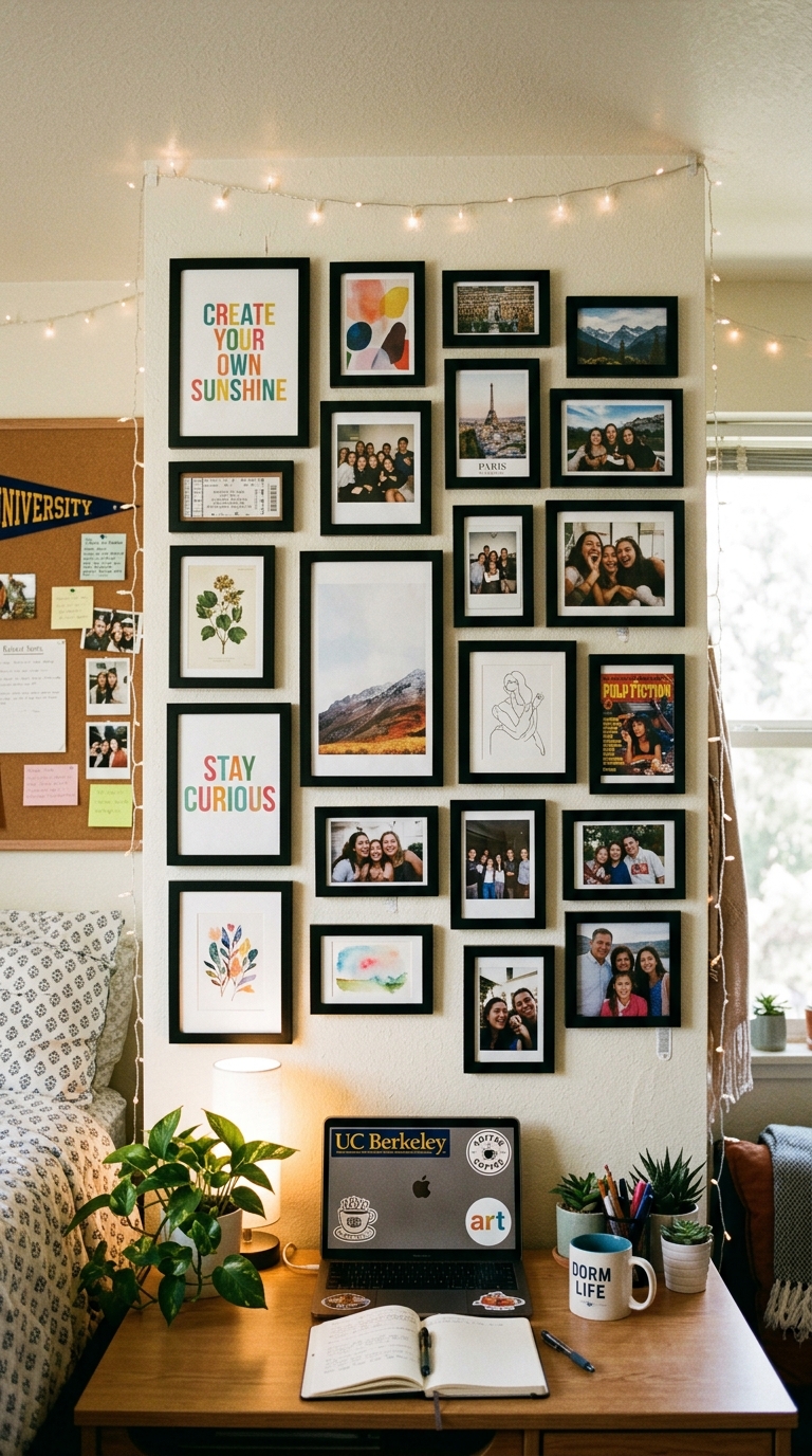 Gallery wall with black frames and mixed prints in an aesthetic dorm room