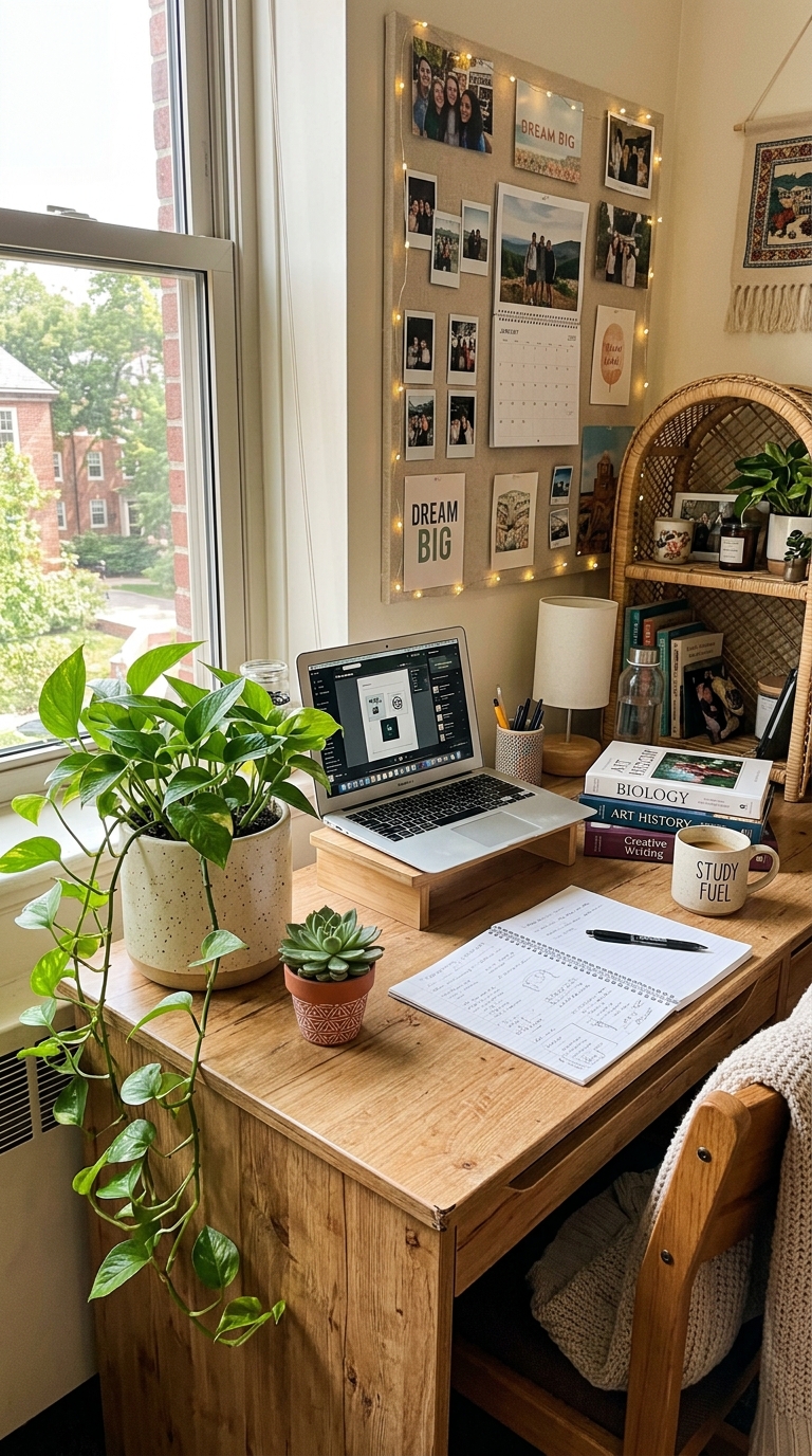 Low maintenance plants on dorm room desk including pothos and succulents