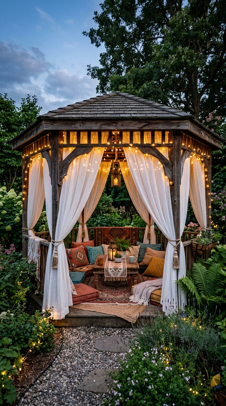 Draped fabric boho gazebo backyard retreat