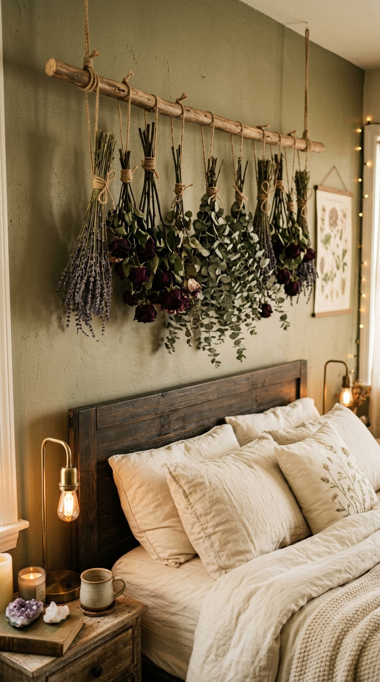 Dried botanical canopy above bed with lavender, roses, and eucalyptus bundles tied on a wooden dowel over cream linen bedding in a witchy bedroom