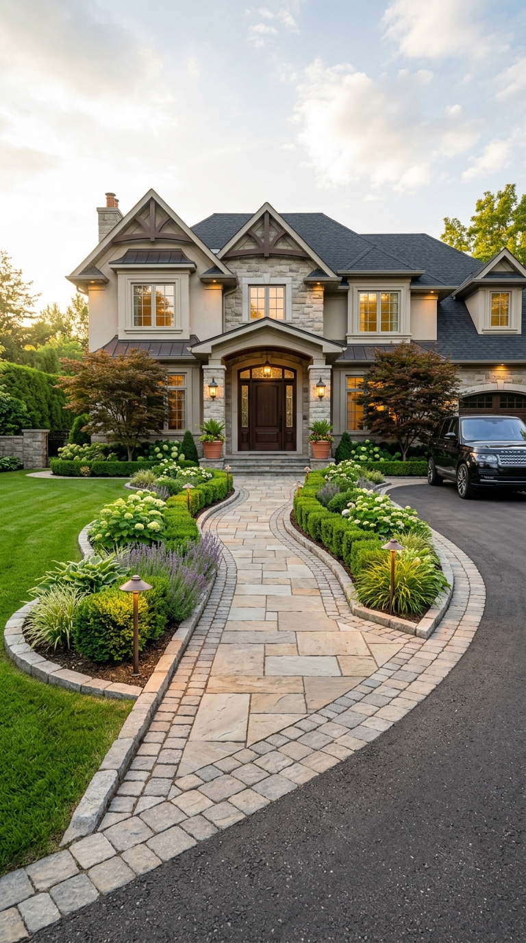 Paver walkway connecting driveway to front door