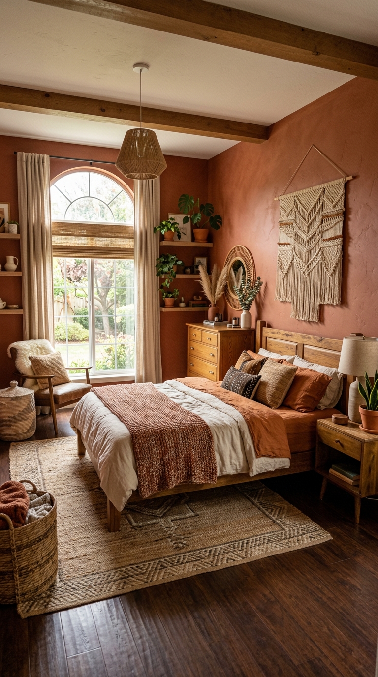 Earthy terracotta and rust-toned master bedroom decor