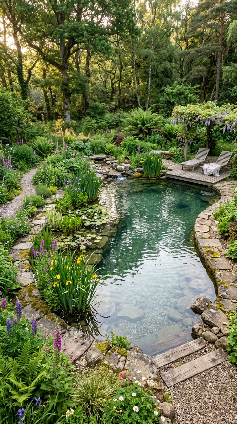 Mediterranean courtyard pool with cobalt mosaic tiles and terracotta details.