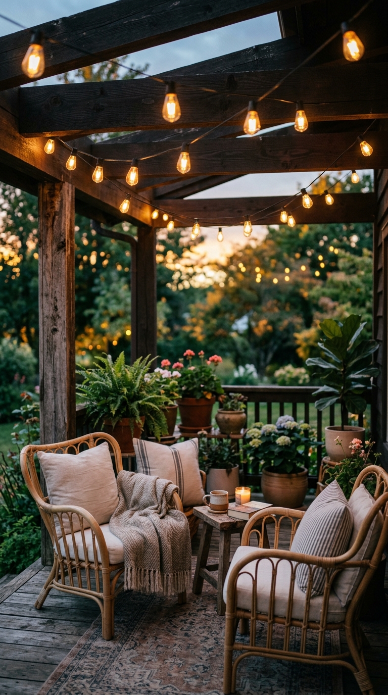 Edison bulb string lights draped across wooden beams on a warm vintage front porch at dusk
