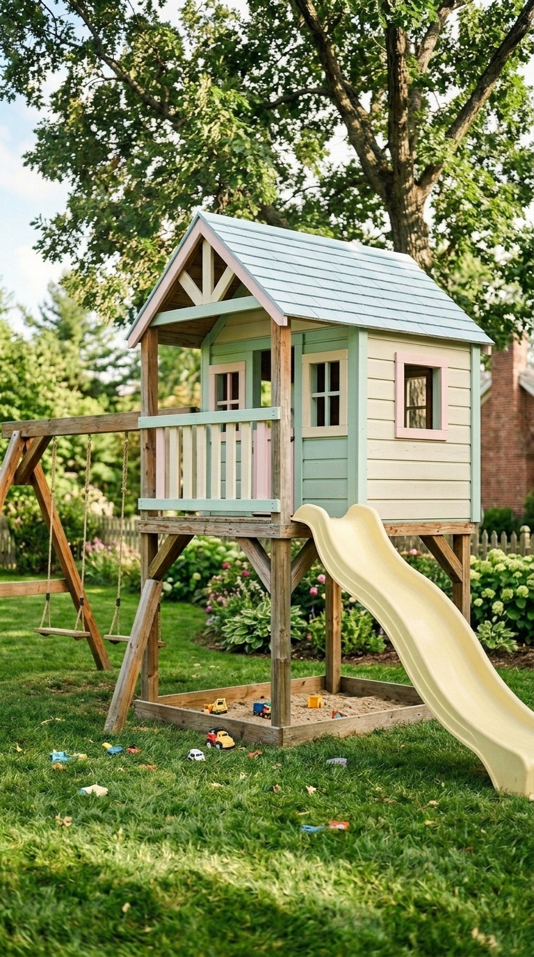 Elevated playhouse with slide in a backyard play area