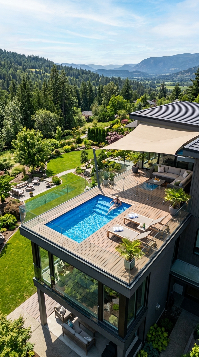 Elevated rooftop pool deck with glass railings and panoramic views