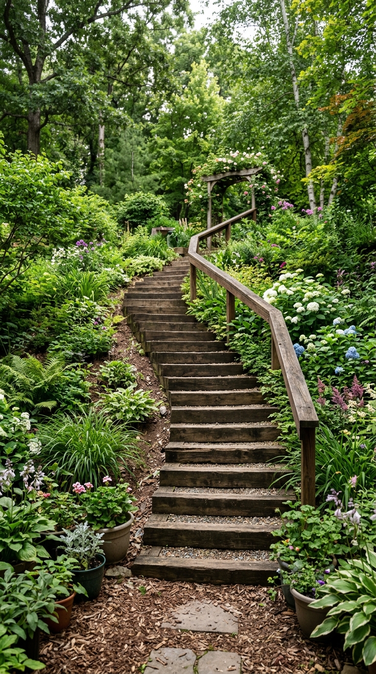 Elevated wooden step walkway on a sloped backyard