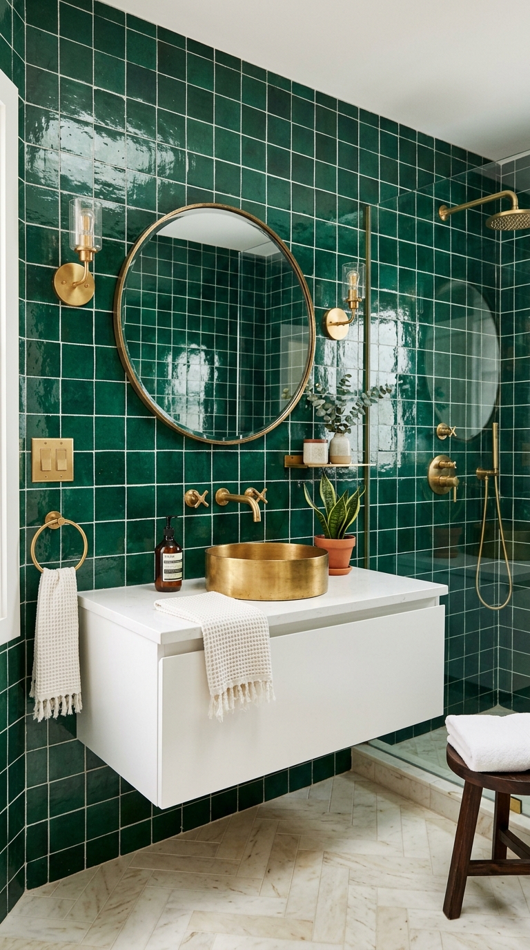 Deep emerald green tile, moody bathroom with brass fixtures and white grout